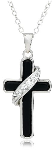 Sterling Silver Black Onyx Cross and Cubic Zirconia Pendant, 18