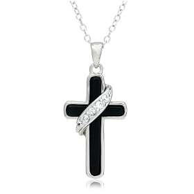 Sterling Silver Black Onyx Cross w/ Cubic Zirconia Pendant, 18" by 