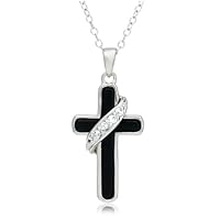 Sterling Silver Black Onyx Cross and Cubic Zirconia Pendant, 18