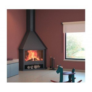 Poêle cheminée de coin à feu ouvert avec porte de verre et cadre en acier inoxydable Focgrup