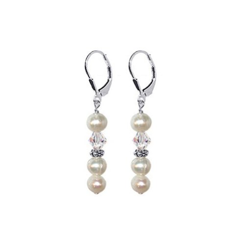 Sterling Silver 6mm Blue Freshwater Pearl with Clear Crystal Earrings Made with Swarovski Elements