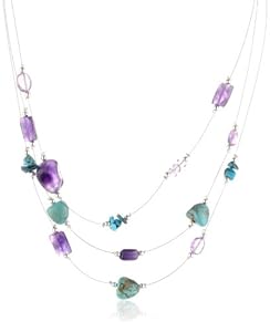 Sterling Silver and Stainless Steel 3-Row Illusion Turquoise and Amethyst Necklace, 16+3