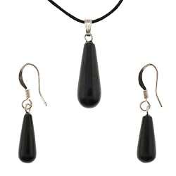 Black Stone Tear Drop Pendant and Earring Set - Pendant 8mm x 21mm, Earrings 6mm x 16mm - Adjustable Cord Necklace
