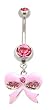 Stainless Steel Belly Ring with Pink Crystals - Dangling Ribbon