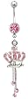 Stainless Steel Belly Ring with Pink Crystals - Crown - Dangling