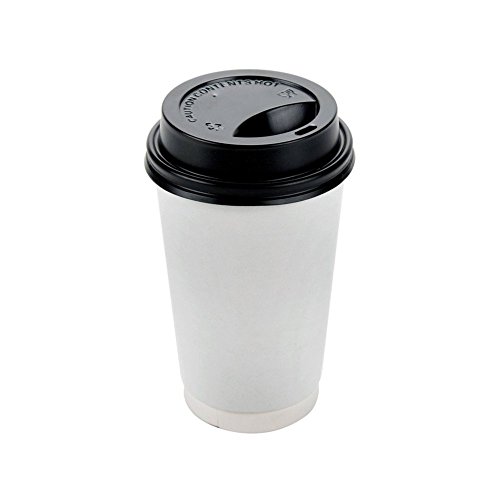 EtechMart White Thicken Disposable Coffee Cup w/ Black Travel Lid (16oz, Pack of 50)