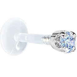 16 Gauge 5/16" Solid 14KT White Gold 3mm Plexi Blue Cubic Zirconia Bioplast Tragus Earring Stud