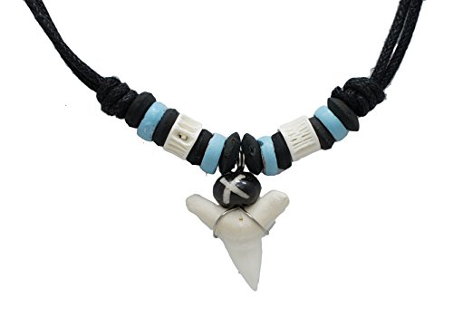 Exoticdream Real Shark Tooth Necklace Reggae Rasta Jamaican Surfer Hawaiian Beach Boys Girls Men - Sky Blue Black