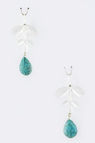 Mighty Gadget TRENDY EARRINGS - LEAF DANGLE NATURAL STONE EARRINGS (Color Choices: Silver/Turquoise, Red, Gold/Turquoise, Black/Silver, Black/Gold) - Random Color Selection Subject to Stock on Hand