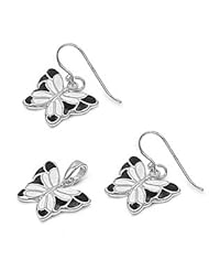 Sterling Silver Nature Bug Fashion Design Butterfly Pendant and Earrings Jewelry Set with Black Onyx
