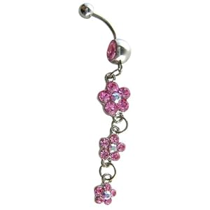 Pink Crystal CZ Dangle Belly Button Navel Ring Bar Silver - Chandelier Style - Tri-floral 3 tier...