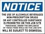 NOTICE THE USE OF ALCOHOLIC BEVERAGES NON-PRESCRIPTION DRUGS OR ANY CONTROLLED SUBSTANCE IS PROHIBITED ON THIS JOB SITE PERSONNEL UNDER THE INFLUENCE OF THESE ITEMS WHILE ON THIS JOB SITE WILL BE SUBJECT TO DISMISSAL 18" x 24" Aluminum Sign
