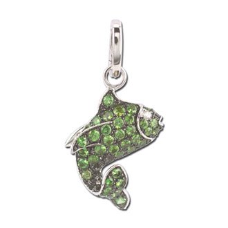 14K White Gold 0.03 cttw Cute Diamond Fish Pendant with Elegant Pave Cut Tsavorite Gemstones