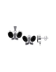 Sterling Silver Oval Black Onyx Stone with Marcasite Accents Earrings and Pendant Set