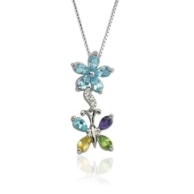 Sterling Silver, Blue Topaz and Multi-Gemstone Butterfly Dangle Pendant, 18