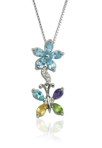 Sterling Silver, Blue Topaz and Multi-Gemstone Butterfly Dangle Pendant, 18