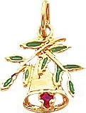 14K Gold CZ Christmas Bell Enameled Leaves Charm