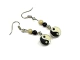Yin Yang Dangle Earrings Accented with Black and White China Jade Beads, 10mm
