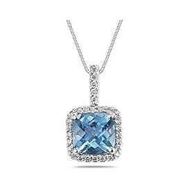 Cushion Cut Blue Topaz and Diamond Pendant in 14K White Gold by 1