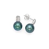 14k White Gold, Diamond & Tahitian Black Pearl Post Earrings (0.16ctw)