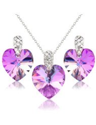 Silver Tone Pretty Pink Purple Heart Necklace and Earring Set with White Crystals - Gift for Her
