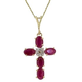 14k Solid Gold 18 Necklace with Rubies Cross Pendant by 