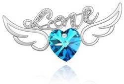 Wedding Bridal Accessories Authentic Austrian Blue Aquamarine Crystal 18K White Gold Plated Love Heart Wings Brooch Pin Jewelry for Women Girls