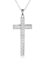 Platinum Plated Sterling Silver Simulated Diamond Cross Pendant Necklace, 16" (1 cttw)