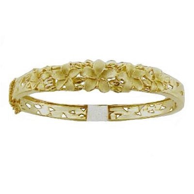 Hawaiian Jewelry 14k Gold Plumeria Flower Bangle Bracelet