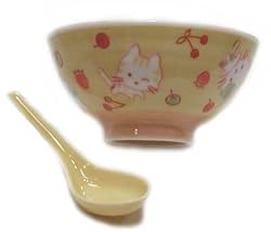 Yellow small rice bowl with cat design and spoon set - hand painted porcelain