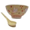 Yellow small rice bowl with cat design and spoon set - hand painted porcelain