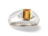 14K White Gold Genuine Emerald-cut Citrine and Diamond Men's Ring