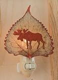 Moose Silhouette on Real Iridescent Cottonwood Leaf Night Light