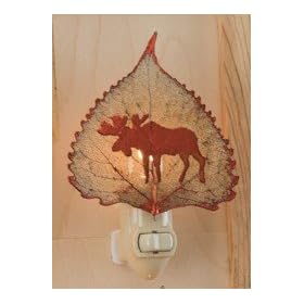 Moose Silhouette on Real Iridescent Cottonwood Leaf Night Light