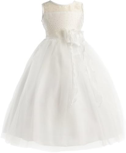 Peek-A-Boo Pearl Bodice Communion Flower Girl Pageant Long Dress - White 6