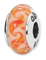 Sterling Silver White And Orange Swirls Hand-blown Glass Charm
