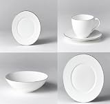 Gordon Ramsay tableware by Royal Doulton. Dining in boxed set. Set of 4's of white bone china with a platinum rim teacups & saucers, 30.5cm plates, 16.5cm plates, rim soup bowls