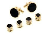 JJ Weston classic elegance. Yellow gold plated Concentric ringed cufflinks and shirt stud formal set with onyx accents with presentation box. Made in the U.S.A