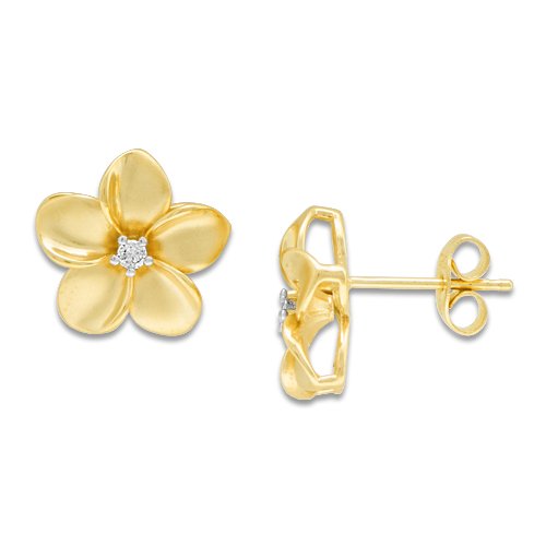 Plumeria Earrings with Diamonds in 14K Yellow Gold - 13mm