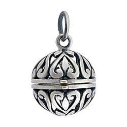 Round Keepsake Locket or Prayer Box Pendant with Heart Designs in Sterling Silver, #7696