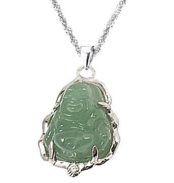 Rhodium Plated 925 Sterling Silver Grade A Green Jade Buddha Pendant Necklace 18"-sn3202