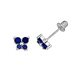 .925 Sterling Silver Rhodium Plated 5.2mm(H)x5.9mm(W) CZ Butterfly September Sapphire Birthstone Basket Stud Earrings for Baby and Children & Women with Screw-Back (Sapphire, Blue)