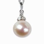 Natural White 8.5-9mm 3-Stone Diamond 14k Gold Crown Cultured Pearl Pendant w. Gold Chain Necklace - by Dahlia Classic Jewelry Collection