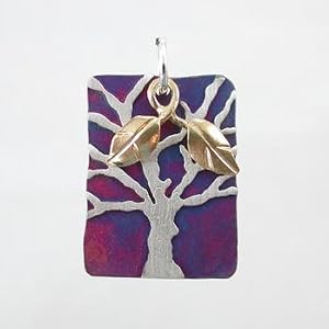 Rectangular Tree of Life Pendant in Sterling Silver with Patina Finish and Gold Fill Leaf Accents, #9177