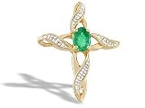 14K Yellow Gold Genuine Oval Emerald and Diamond Cross Pendant