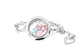 Customizable Silver Circle Floating Locket Bracelet with Dangling Heart and 4 Mini Charm Choices thumbnail