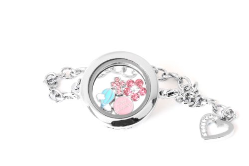 Customizable Silver Circle Floating Locket Bracelet with Dangling Heart and 4 Mini Charm Choices image