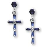 Sterling Silver and Sapphire CZ Cross Pierced Earrings