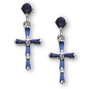 Sterling Silver and Sapphire CZ Cross Pierced Earrings