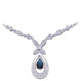 0.25 Ct.T.W. Sparkling Round Cut Diamonds, Pear Shape Blue Sapphire, 14Kt. White Gold. Stylish Blue Sapphire and Diamond Necklace